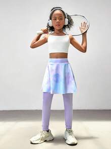 SHEIN Quần legging thể thao cho bé gái tuổi mới lớn, in tie-dye, co giãn và thoáng khí, phù hợp cho các môn thể thao, yoga, chạy bộ, lớp thể dục, quần vợt, cầu lông, thể dục dụng cụ, khiêu vũ, cổ vũ - Màu tím - Xem 7