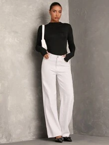 SHEIN BAE Women's Black Solid Color Comfortable Knitted Long Sleeve Minimalist Ruched Slim Fit Bodysuit, Casual & Versatile Daily Wear - Black - View 4