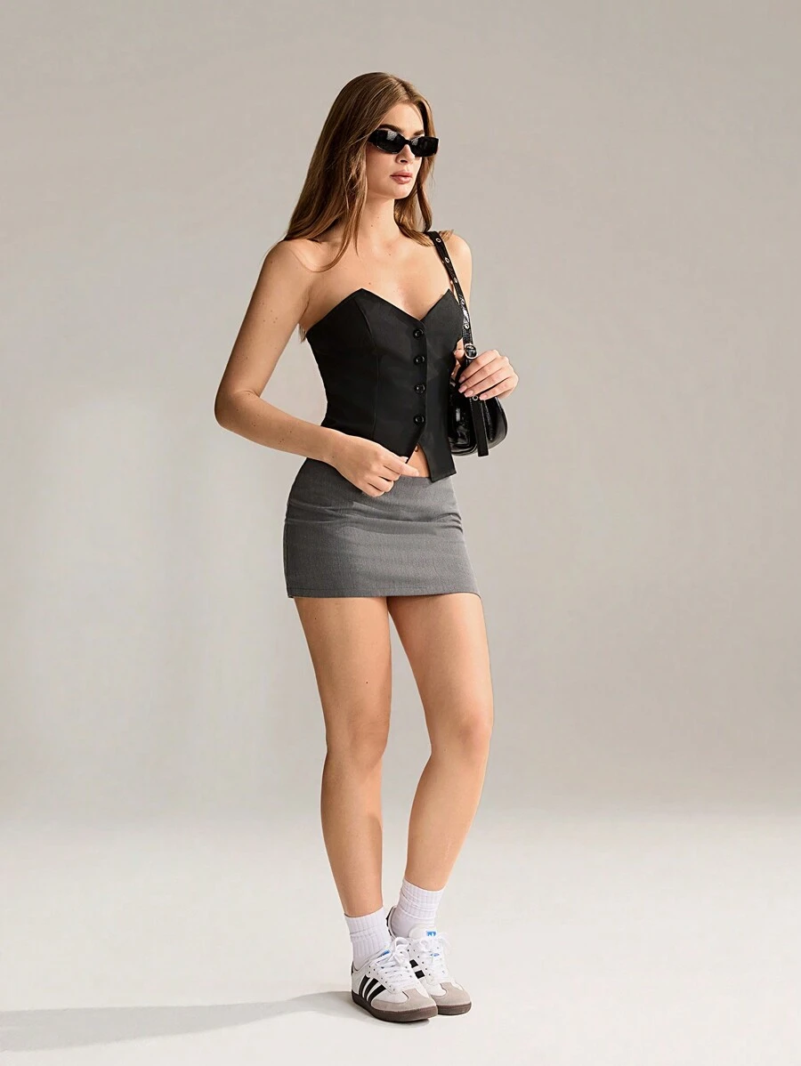 SHEIN Unity Áo crop top hở vai đơn hàng khuy Bandeau thời trang dành cho nữ, dáng ôm - màu đen - Xem 1