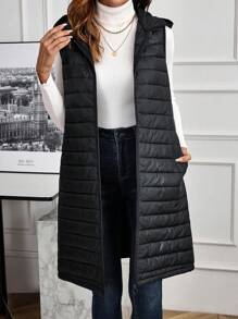 EMERY ROSE Áo khoác không tay có mũ trùm đầu túi thắt nơ màu trơn dành cho nữ, mùa thu đông - màu đen - Xem 3