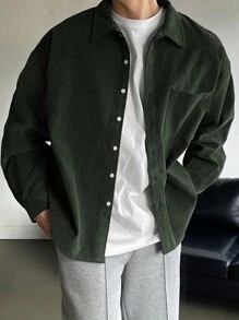 DAZY Camisa casual de manga larga con botones y bolsillo de unicolor para hombres, ropa de otoño, ropa de vuelta al colegio - Verde - Ver 2