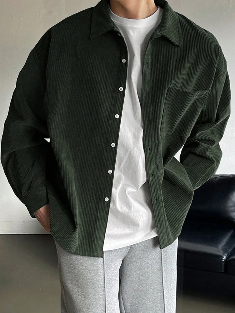 Men's Solid Color Button Front Long Sleeve Pocket Simple Casual Top,Fall Clothes,Back To School Clothes