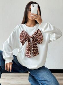 Chiquease Sudadera con cuello redondo, manga larga, decoración de lazo, estampado de leopardo, casual diaria para mujeres