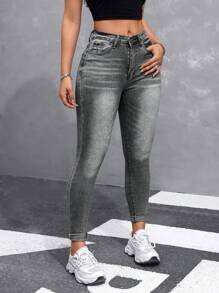 SHEIN Essnce Button Detail Pocket Jeggings - Grey - View 4