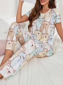 Conjunto de pijama de manga corta con estampado de oso de peluche lindo para mujer - Multicolor - Ver 2