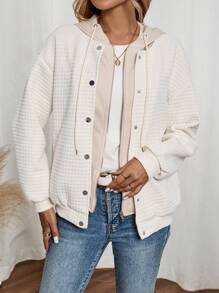 EMERY ROSE Women's Button Hooded Drawstring Long Sleeve Casual Loose Jacket - Apricot - View 3