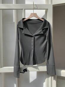 DAZY Women's Casual Solid Color Bell Sleeve Button Front T-Shirt, Spring & Autumn - Grey - View 5