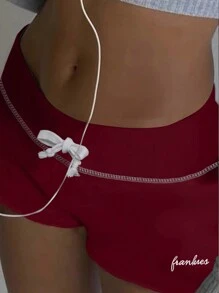 INAWLY 女士休闲抽绳腰印花短裤 - 酒紅色 - 查看 3