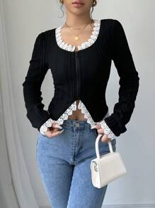 Chiquease Chaqueta con cremallera de manga abullonada, parches de encaje, para mujer primavera y otoño - Negro - Ver 4