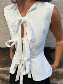 INAWLY Cárdigan sin mangas de unicolor y simple con nudo delantero para mujer