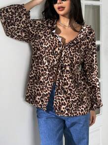 SHEIN EZwear Women's Long Sleeve Leopard Print Ruffle Tie-Waist Lantern Sleeve Loose Blouse