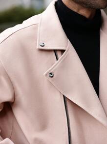 Manfinity Homme 大码男士纯色翻领前拉链长袖休闲机车针织混纺夹克，秋季男士服装