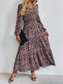 EMERY ROSE Vacation Dress Women's Ditsy Floral Print Long Sleeve V Neck Smock Long Dress