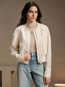 Anewsta 3D 花卉松紧腰女式夹克 - 白色 - 查看 6