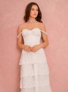 Enchnt 女士优雅纯色蕾丝高开叉露肩夏季连衣裙 - 白色 - 查看 3