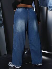 SHEIN ICON Plus Size Casual Washed Straight Leg Cargo Jeans - Blue - View 2