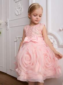 SHEIN Glamorique Kids Girls Princess Sequined Floral Midi Dress For Christmas Party, Wedding And Special Occasion
