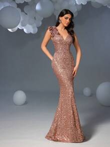 Faeriesty Vestido formal con cuello asimétrico, lentejuelas y abertura lateral - Champán - Ver 4
