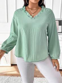 SHEIN Unity 大码女式休闲纯色长袖衬衫 - 綠色 - 查看 4