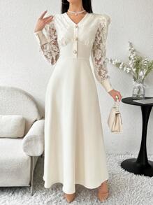 Modelyn 女士纯色简约日常穿着蕾丝装饰阿拉伯朴素连衣裙派对优雅晚装长袖长裙、婚礼/场合礼服白色优雅连衣裙长款晚礼服 - 杏色 - 查看 5