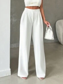 Women's Stylish Solid Color High Waist Straight Pant With Button And Zipper Details
