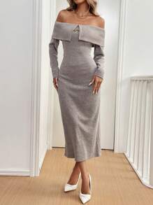 Chiquease Autumn/Winter  Camel Elegant Casual Fitted Off-Shoulder Long Sleeve Dress - Camel - View 4