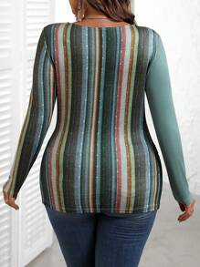 EMERY ROSE Maglietta autunnale raffinata, taglia comoda, colletto a girocollo, maniche lunghe, design a blocchi di colore, vita con laccio, taglio aderente - Multicolore - Visualizzare 2