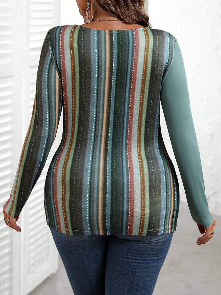 Plus Size Crew Neck Long Sleeve Colorblock Design Waist Tie Fitted Refined Fall T-Shirt