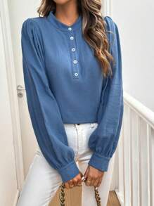 SHEIN LUNE Áo sơ mi nữ giản dị đơn giản màu xanh - Màu xanh lam - Xem 3