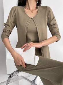 Modelyn Conjunto de 3 piezas para mujer: Chaqueta tipo cárdigan, Camiseta de tirantes y Pantalones casuales 2 piezas - Marrón - Ver 8