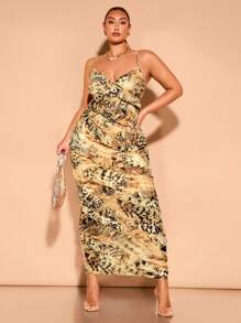 SHEIN BAE Plus Size Autumn Leopard Pattern Mesh Print Asymmetrical Layered Ruffle Deep V-Neck Sweet And Sexy Suspender Long Dress, Suitable For Daily Dates And Vacations