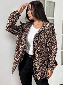 SHEIN EZwear Veste à capuche ample à col montant imprimé léopard pour l'automne/hiver, décontractée et extérieure. Veste décontractée pour femmes avec cordon de serrage, poches, fermeture éclair, épaules tombantes et imprimé tout-sur-brun, imprimé léopard, motif texturé, pour le printemps/l'automne, pour un port casual quotidien