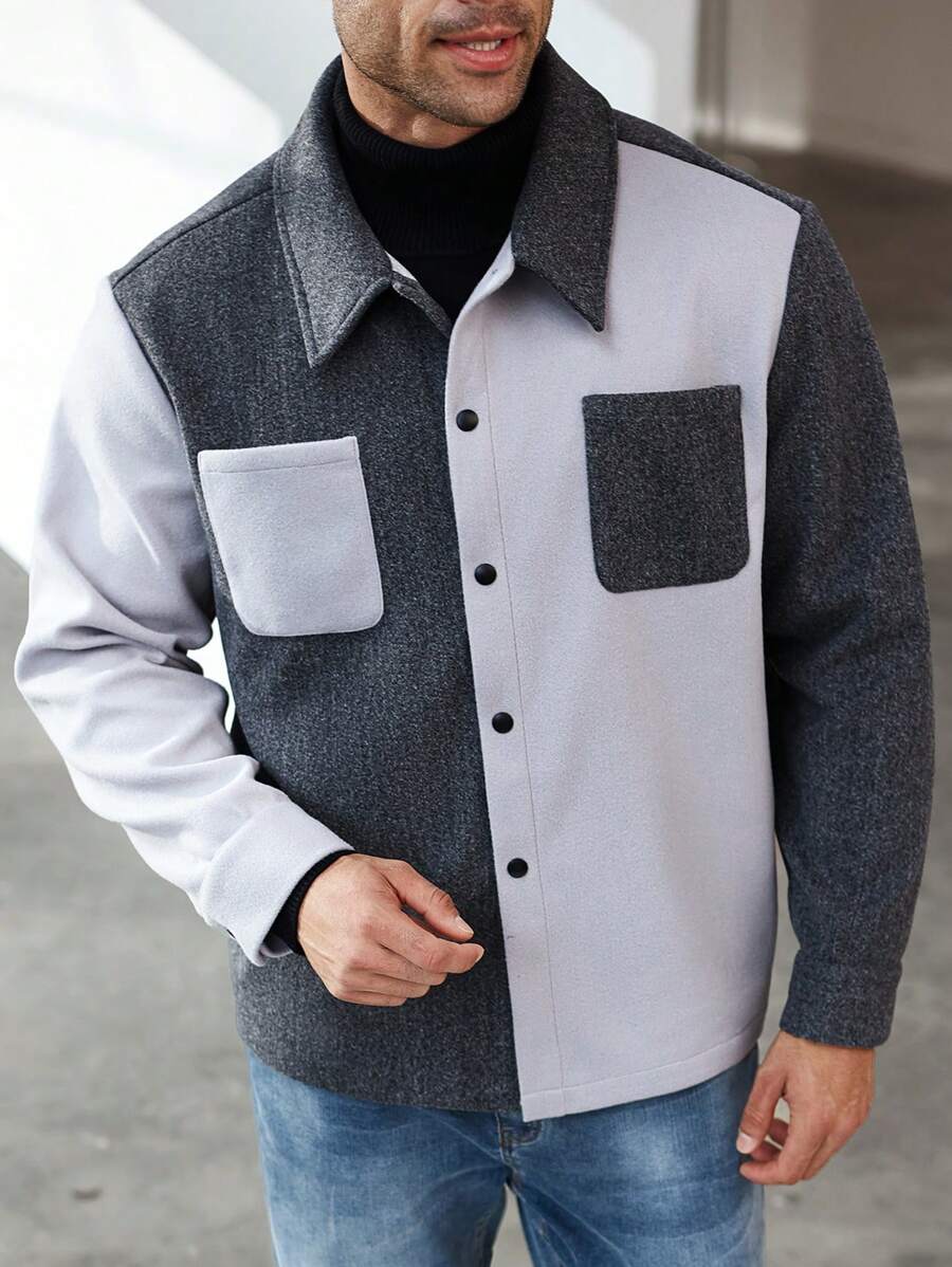 SHEIN Manfinity Homme Plus Size Men's Contrast Color Pocket Long Sleeve Casual Shacket, Spring Autumn - Multicolor - View 1