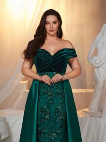 Glamrae Plus Size Emerald Green Luxury Sequin Satin Fishtail Maxi Evening Emerald Dress Formal Ball Gown, Elegant Prom Dress, For Wedding Guest, Graduation, Dinner Party Dress - Dark Green - View 2