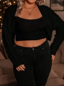 SHEIN LUNE Plus Size Solid Color Casual Long Sleeve Knit Cardigan, For Winter Fall Cloth For Women - Black - View 6