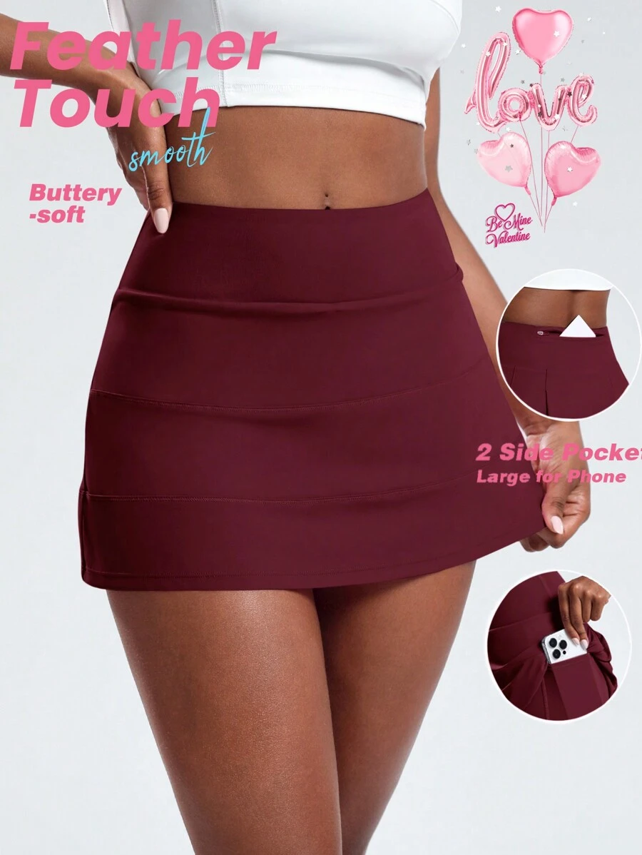 SHEIN Cheerettes Váy thể thao xếp lớp màu trơn mùa hè có túi nhún - Màu Đỏ Sâu - Xem 1