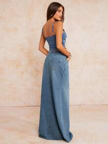 Forever 21 Lato, jesień i zima Kobieta niebieski sprany Y2K/Seksowny/Vintage/Styl gorsetowy/Halloween/Podstawowe/Uroczy/Kwadratowy dekolt Denim Top/Top bez rękawów/Kamizelka