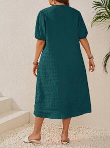 EMERY ROSE Plus Size Women's Textures Ruffled Edge V-Neck Puff Sleeve Dress For Summer - Dark Green - View 2