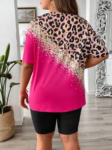 SHEIN VCAY 2pcs Plus Size Leopard Print Splice Round Neck Short Sleeve Top And Fitted Fashionable Shorts Set - Multicolor - View 2