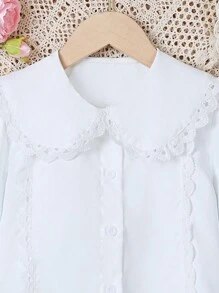 青少年女孩彼得潘领长袖荷叶边时尚优雅衬衫 - 白色 - 查看 5