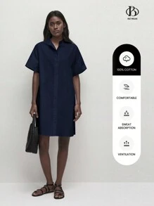 BizChic 女士休闲纯白色不透明立领纽扣前开襟衬衫裙，宽松纯棉，简约风格，适合日常休闲、通勤、商务休闲、办公室穿着 - 藏蓝色 - 查看 5