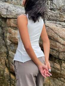 INAWLY Cárdigan sin mangas de unicolor y simple con nudo delantero para mujer