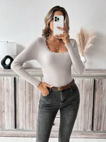 SHEIN Frenchy 休闲纯色罗纹针织修身毛衣，秋季/春季 - 杏色 - 查看 7