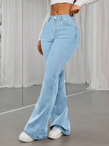 SHEIN ICON Women's Fashionable Solid Blue Denim Flared Pants