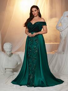 Glamrae Plus Size Emerald Green Luxury Sequin Satin Fishtail Maxi Evening Emerald Dress Formal Ball Gown, Elegant Prom Dress, For Wedding Guest, Graduation, Dinner Party Dress - Dark Green - View 5