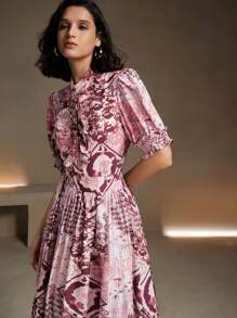 Anewsta 2pcs/Set French Retro Elegant Double Ruffle Collar Floral Print Short Sleeve Blouse And Mini Skirt