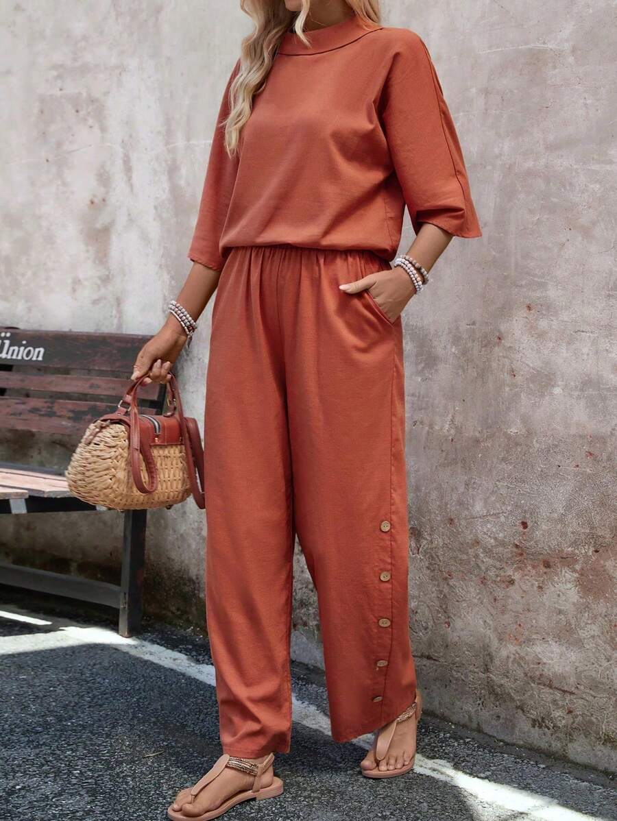 SHEIN LUNE Textured Linen Double-Breasted Casual Women's Outfit, 2pcs - Orange - View 1