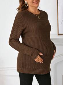 SHEIN 孕妇棕色长袖修身毛衣，适合秋季和冬季 - 棕色 - 查看 5