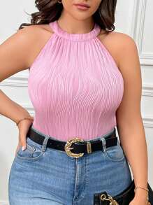 Calvaya Plus Size Casual Solid Color Textured Halter Bodysuit, Summer - Pink - View 3