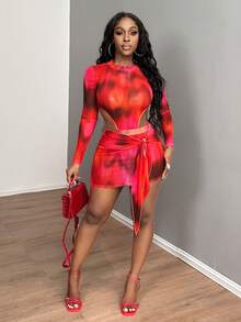 SHEIN SXY Red Vampire Costume Mesh See-Through Ladies Two Pieces Suit - Red - View 4